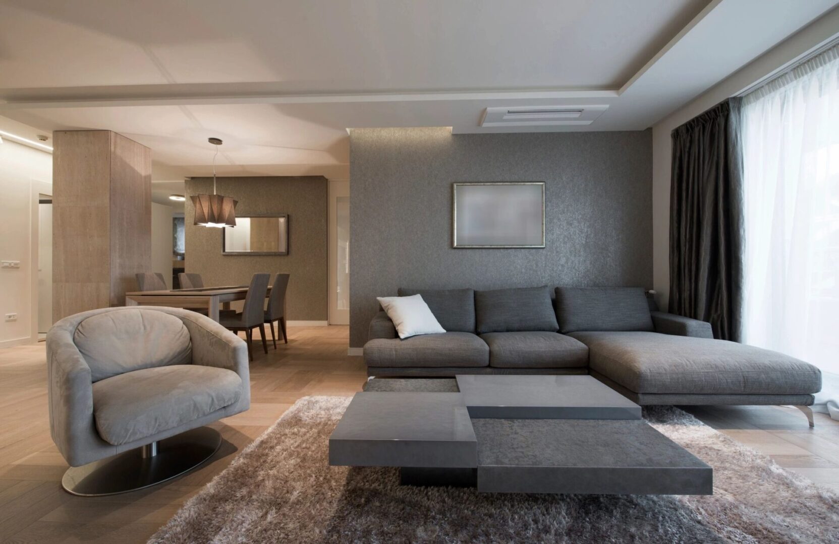 A Luxury living room with grey theme color