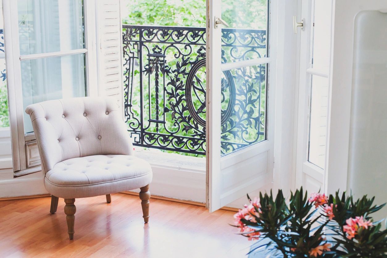 A classic living room with glass windows