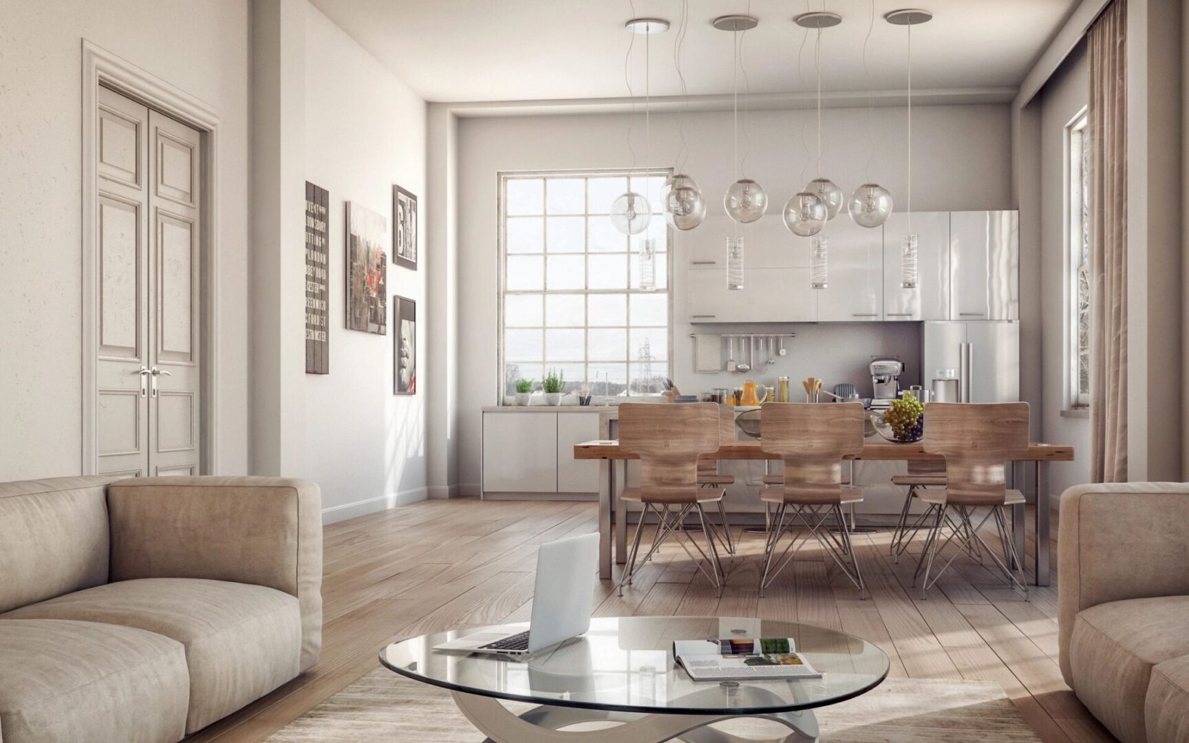 A classic luxury living room together with its kitchen